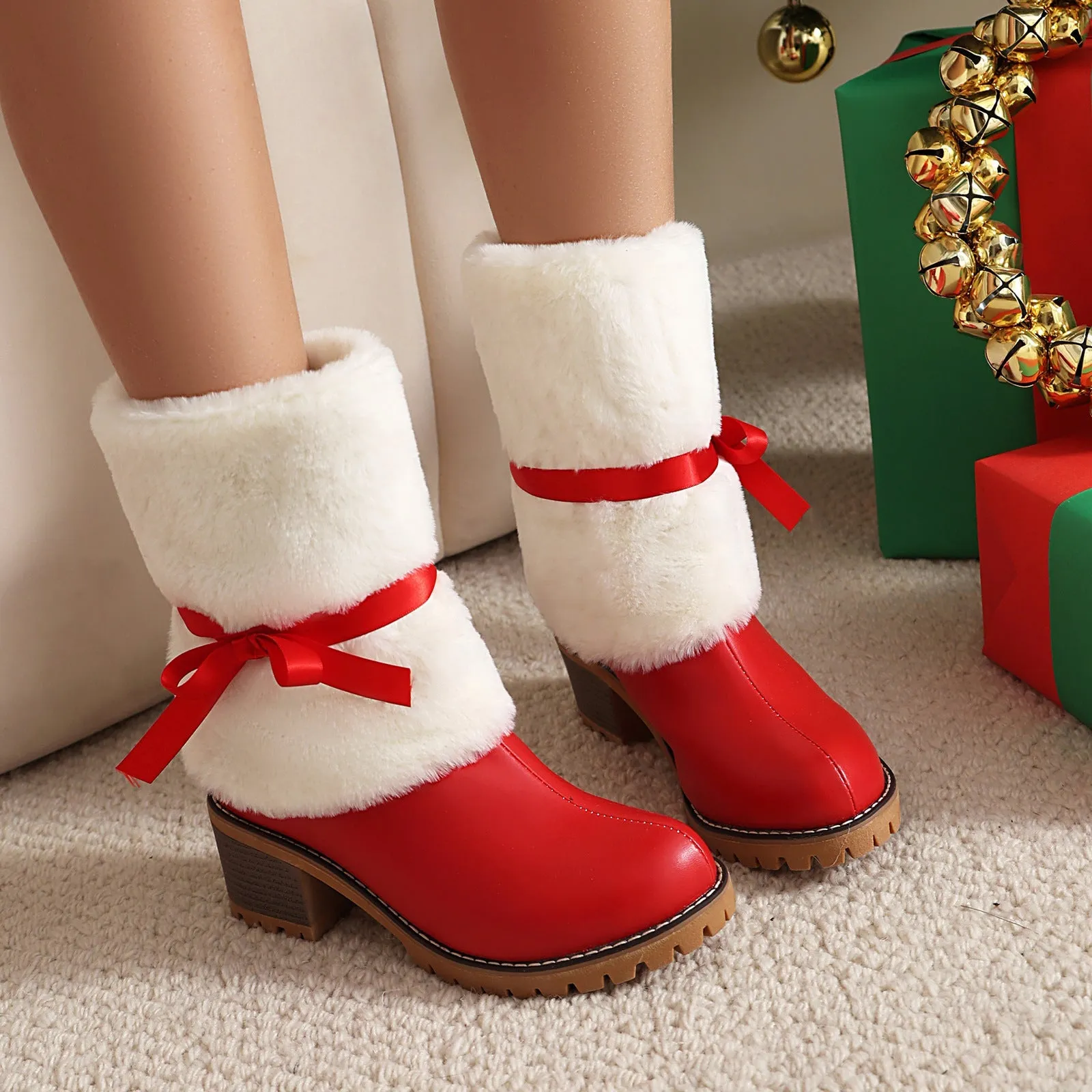 Tillbuy Christmas Plush Bow Snow Boots